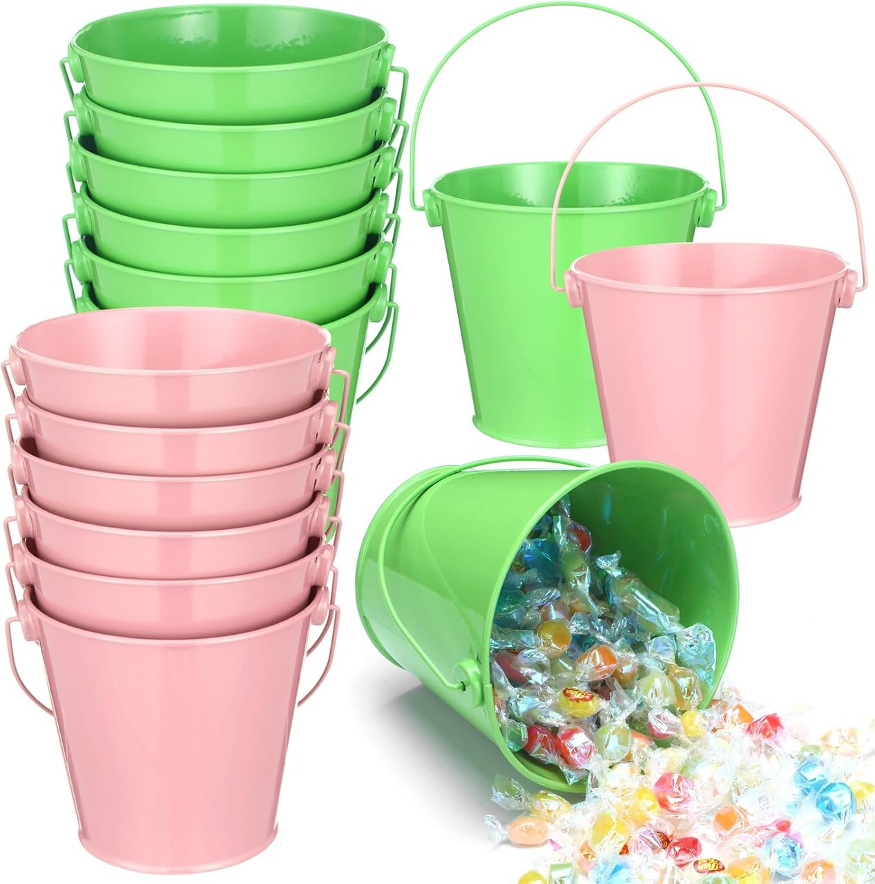 12 Pack Pink and Green Metal Bucket Favors 7.87 x 4.72 x 4.72 inches